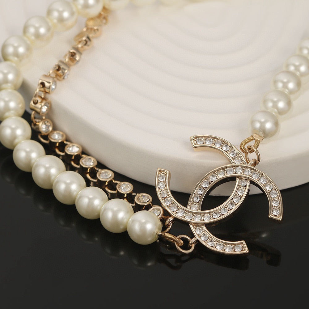 Double-C Emblem Pearl-Detail Pendant Necklace – Pearl Detail – Design 113 side detail
