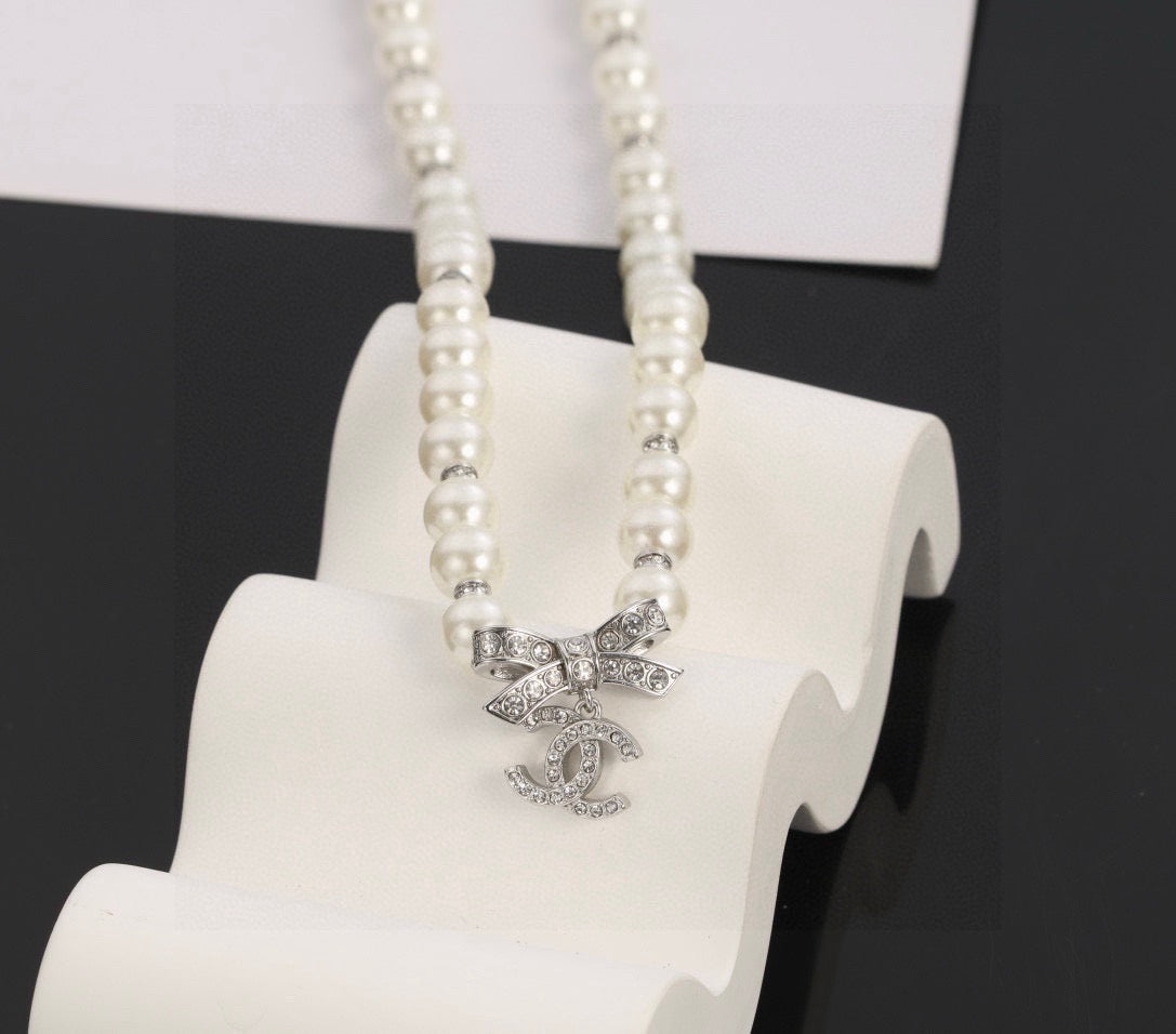 Bow Pearl-Detail Pendant Necklace – Pearl Detail – Design 011 main product view