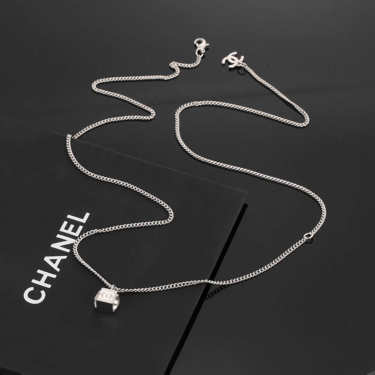 Square Pendant Necklace in Polished Metal-Tone – White Detail – Design 002 detail view