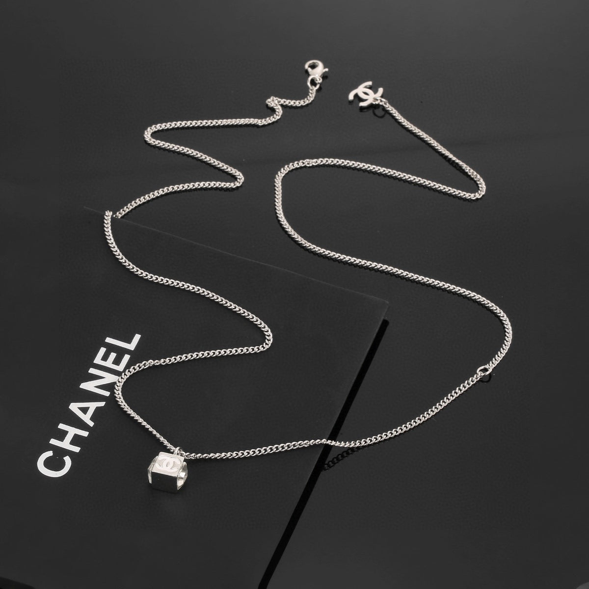 Square Pendant Necklace in Polished Metal-Tone – White Detail – Design 002 detail view
