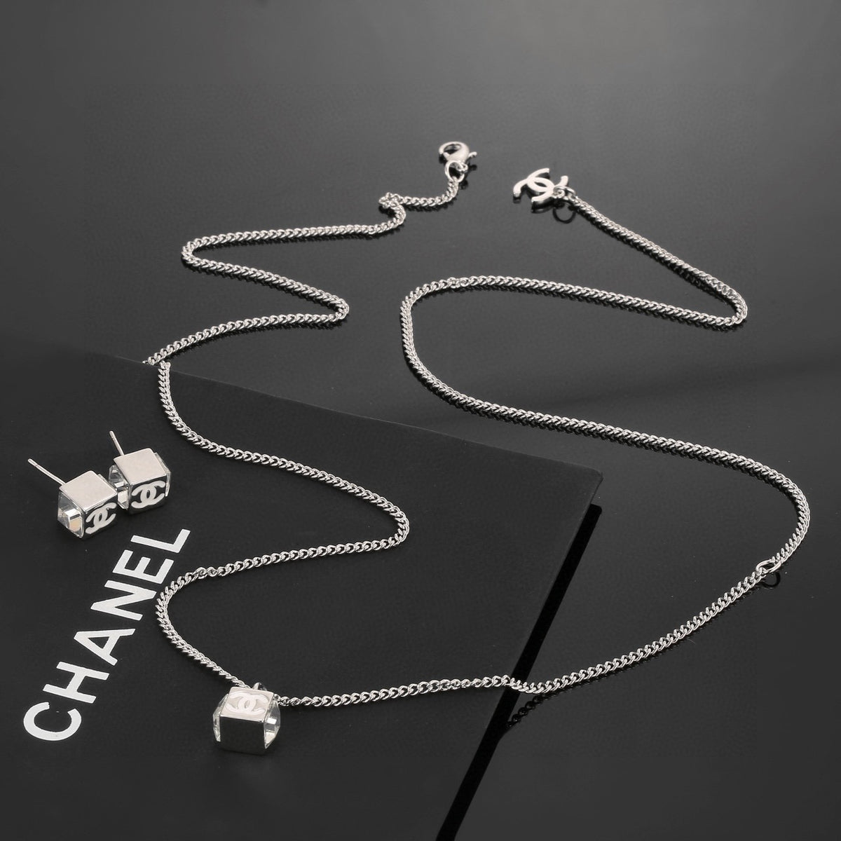 Square Pendant Necklace in Polished Metal-Tone – White Detail – Design 002 main product view