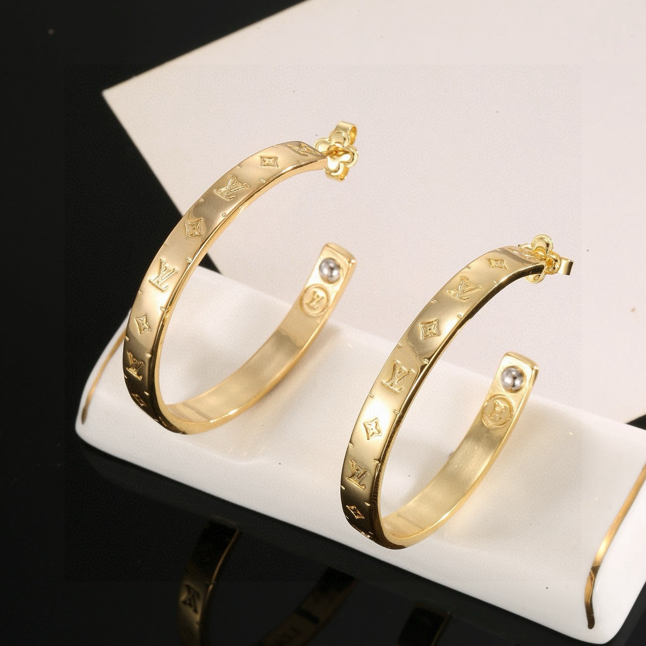 Letter Emblem Stud Earrings in Polished Metal-Tone – Design 037 side detail