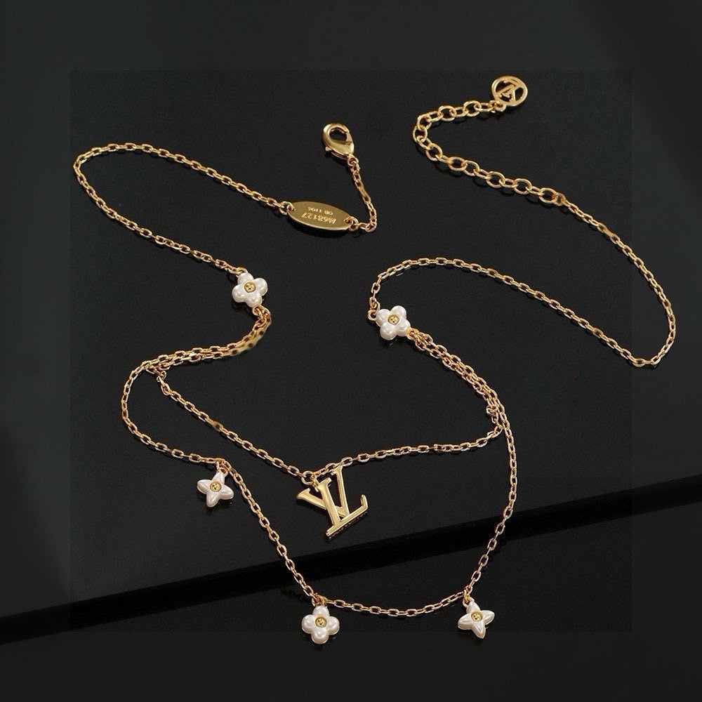 Letter Emblem Pendant Necklace in Polished Metal-Tone – Design 015 front product view