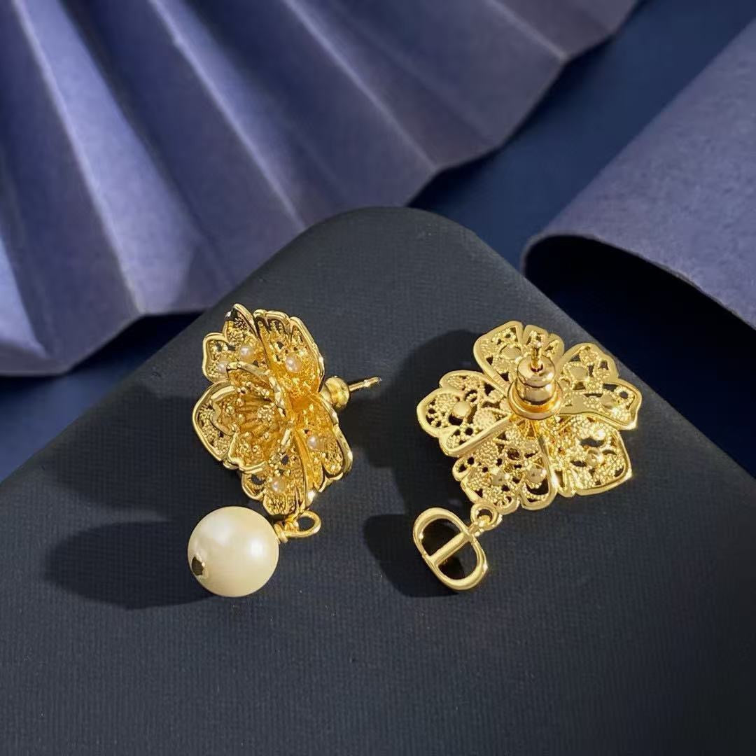 Graphic Letter Motif Stud Earrings in Polished Metal-Tone with Vintage-Style Finish – Design 006 styled view