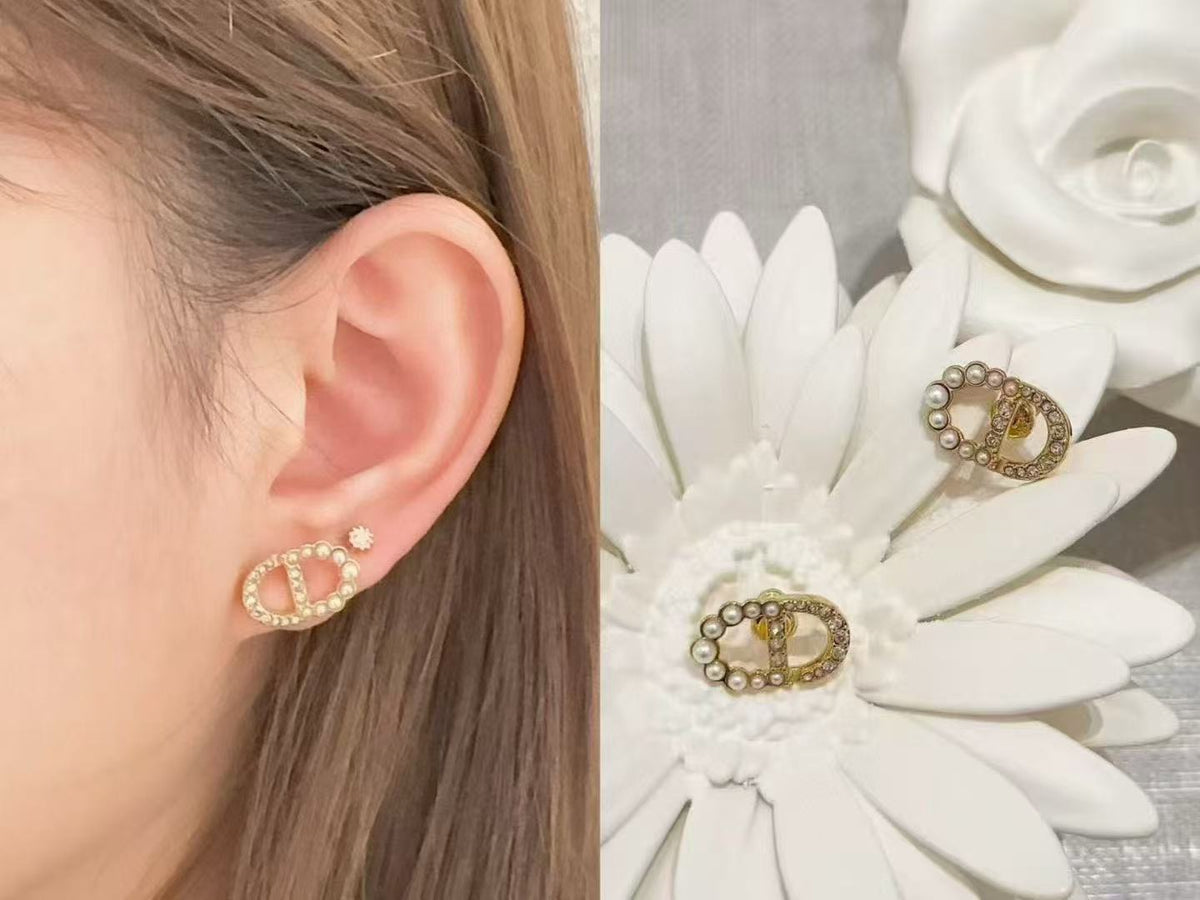 Pearl-Style Motif Stud Earrings in Polished Metal-Tone with Pearl-Style Detail – Design 013 styled view
