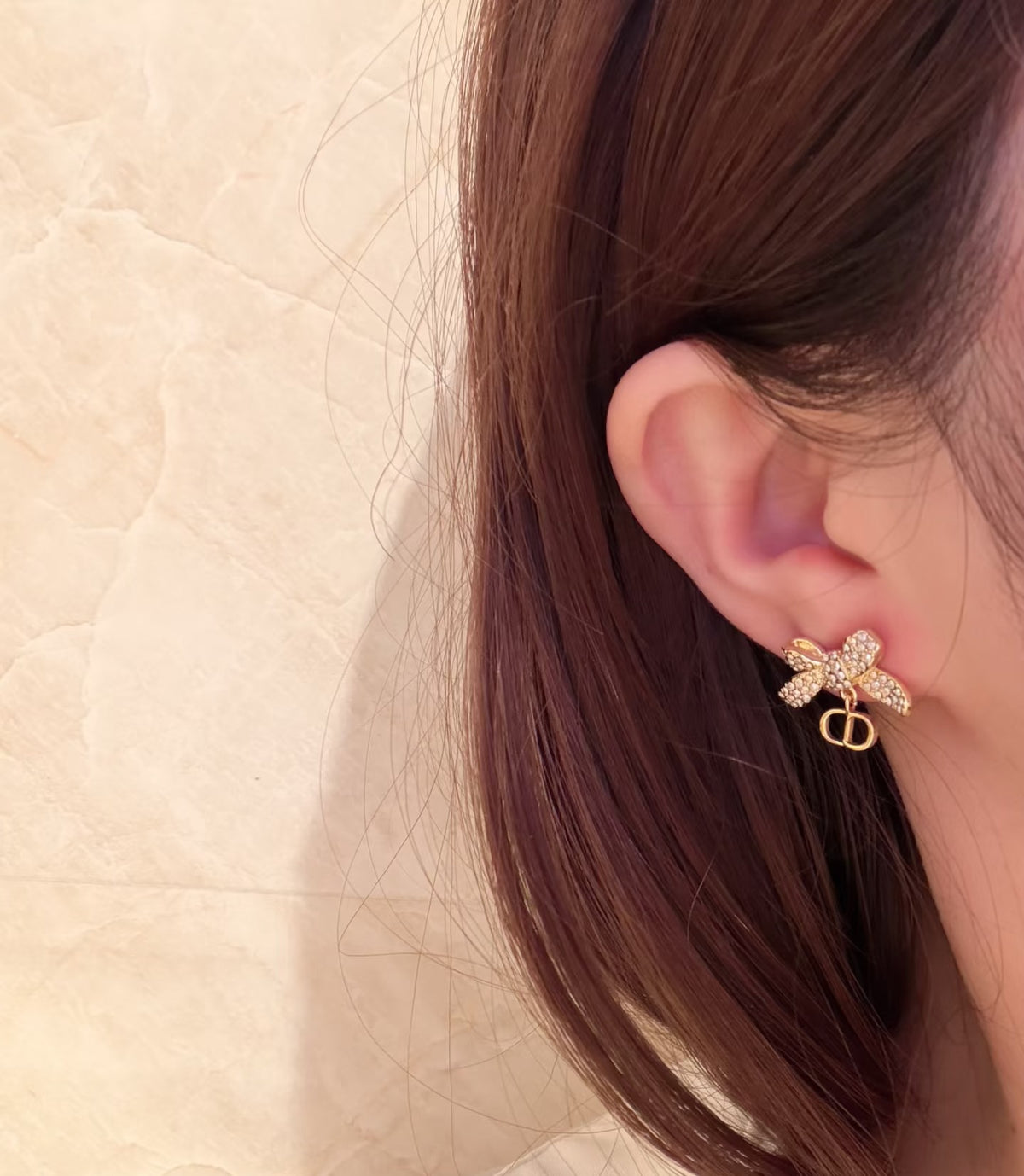 Bow & Butterfly Motif Stud Earrings in Polished Metal-Tone with Crystal-Style Accents – Design 001 front view