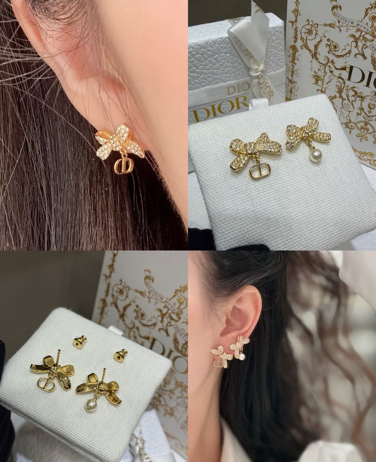 Bow & Butterfly Motif Stud Earrings in Polished Metal-Tone with Crystal-Style Accents – Design 001 detail view
