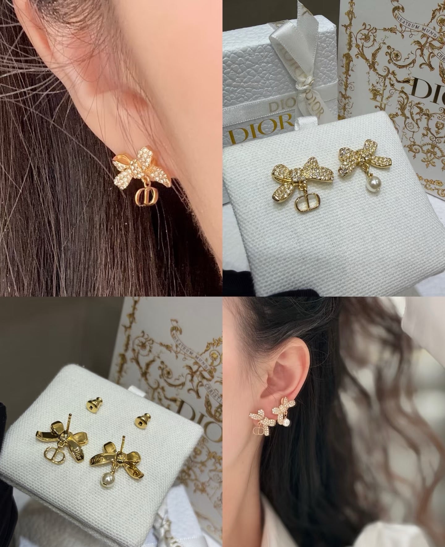 Bow & Butterfly Motif Stud Earrings in Polished Metal-Tone with Crystal-Style Accents – Design 002 detail view
