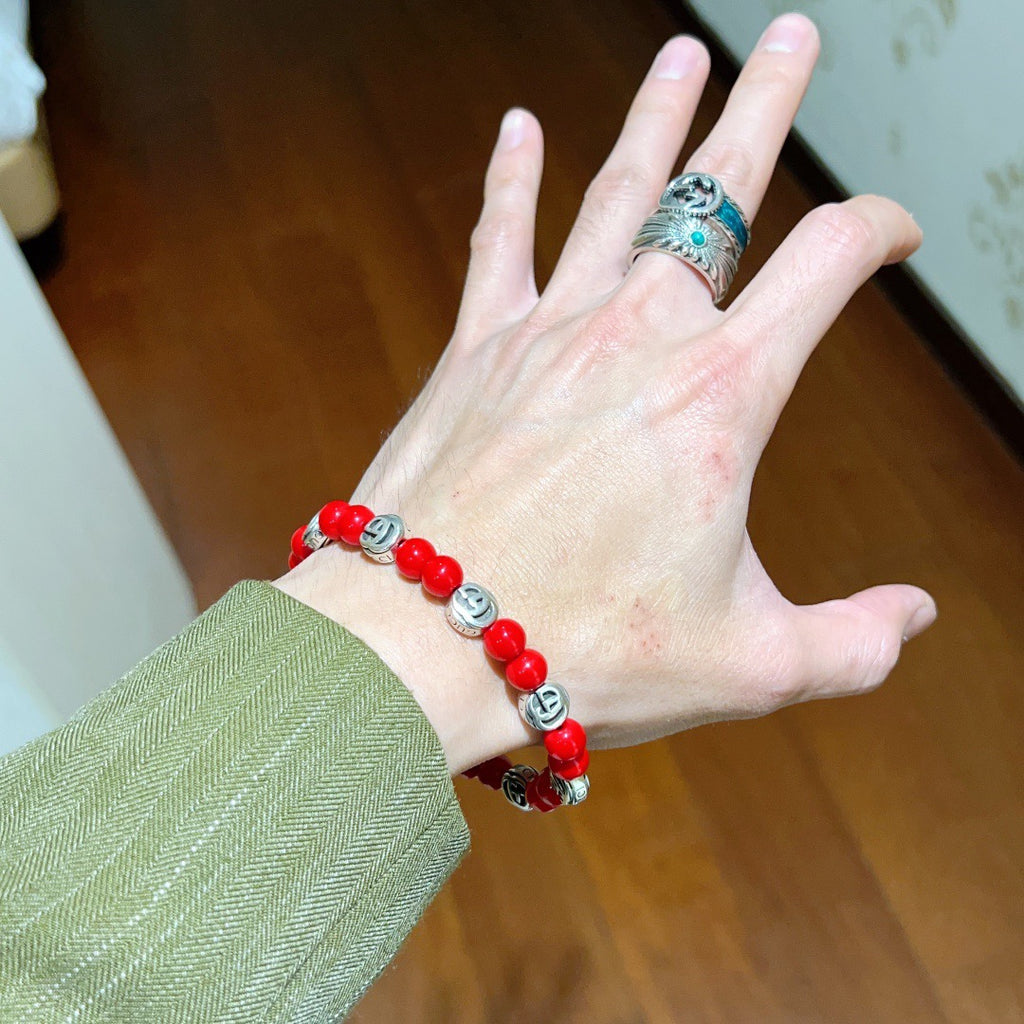 Double-G Emblem Beaded Bracelet in Polished Metal-Tone – Crystal Detail – Design 016 styled product view