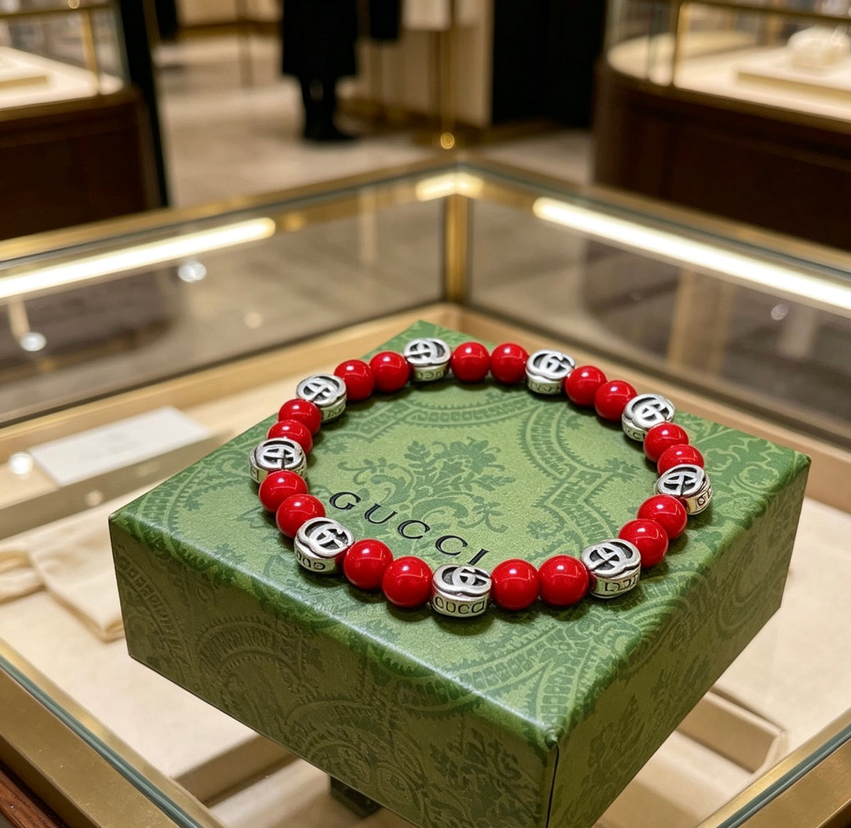 Double-G Emblem Beaded Bracelet in Polished Metal-Tone – Crystal Detail – Design 016 front product view