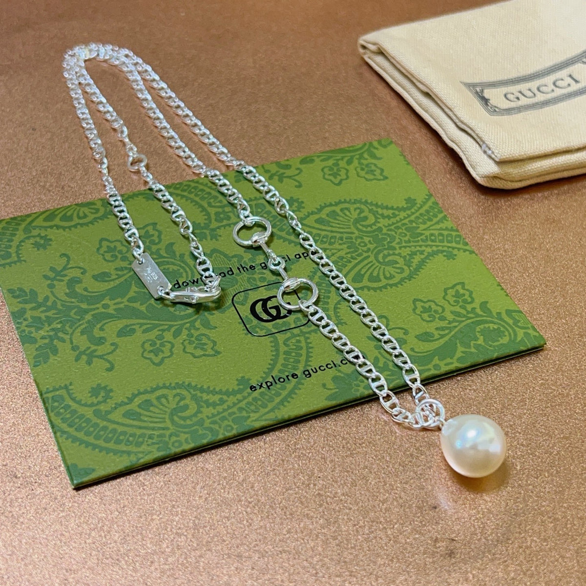 Double-G Emblem Pendant Necklace in Polished Metal-Tone – Design 097 side detail
