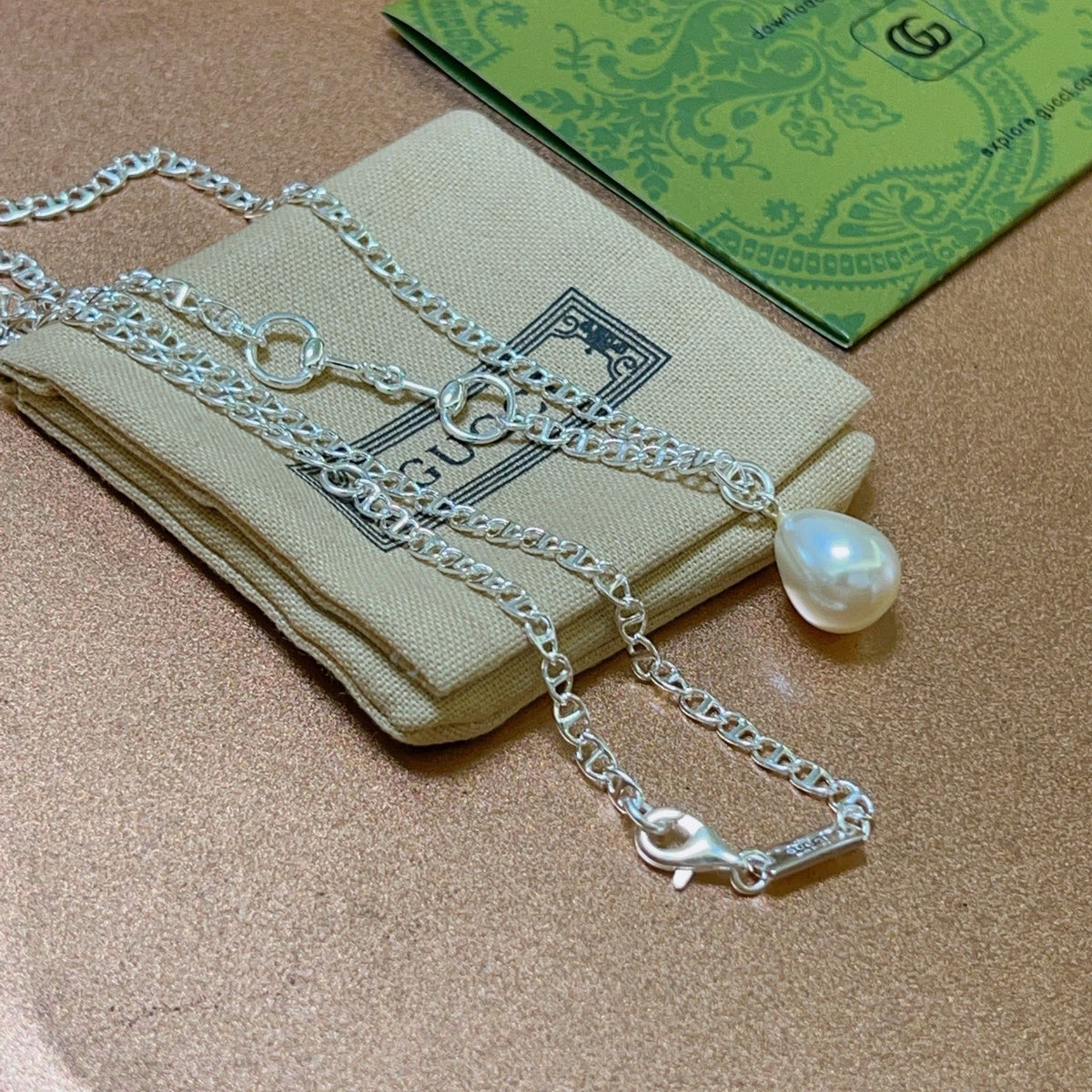 Double-G Emblem Pendant Necklace in Polished Metal-Tone – Design 097 close-up detail
