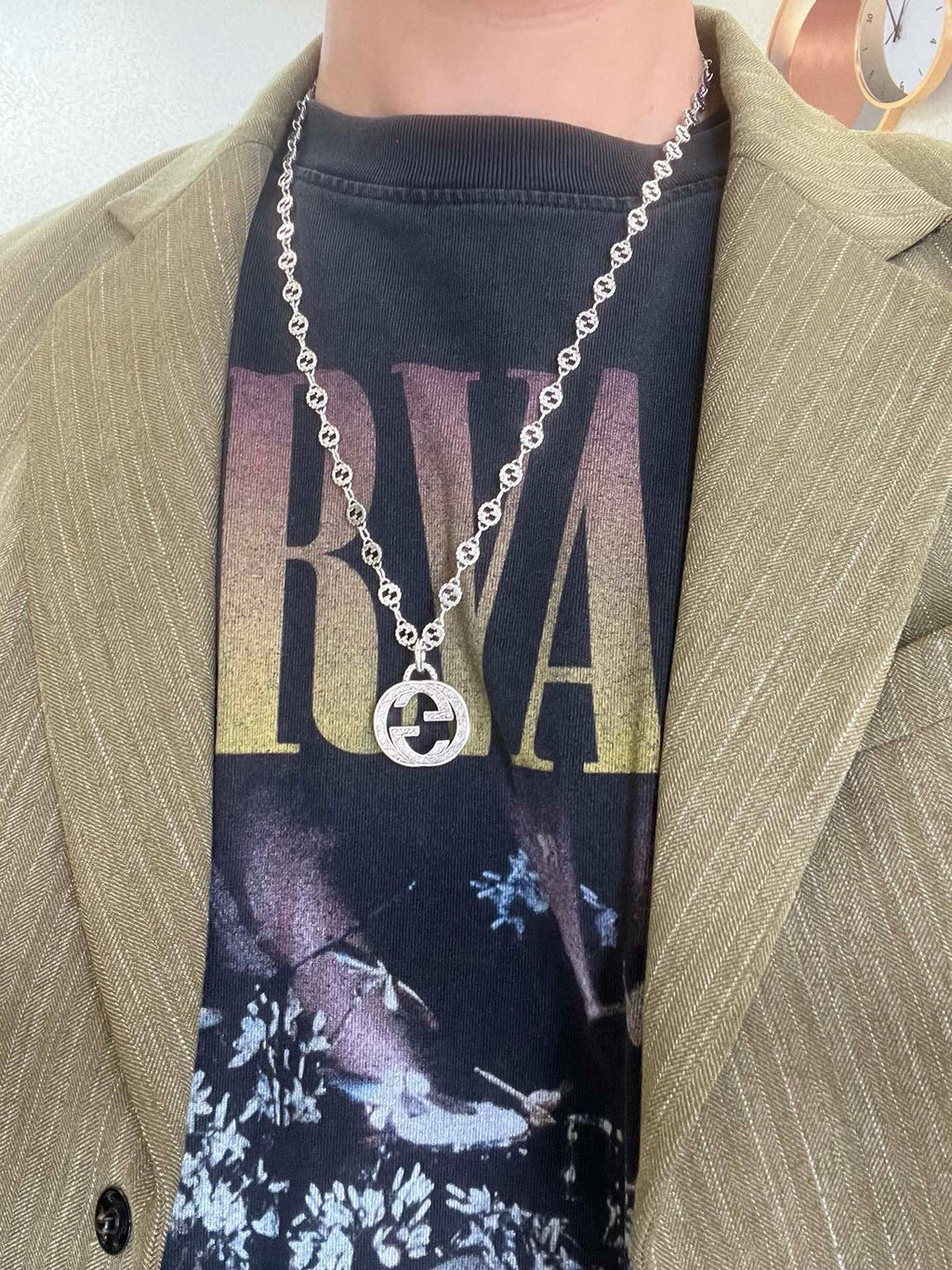 Double-G Emblem Pendant Necklace in Polished Metal-Tone – Vintage Detail – Design 023 styled product view