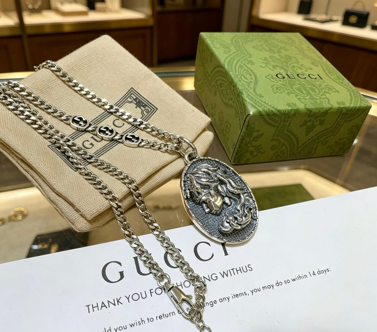 Double-G Emblem Pendant Necklace in Silver-Tone – Vintage Detail – Design 053 main product view