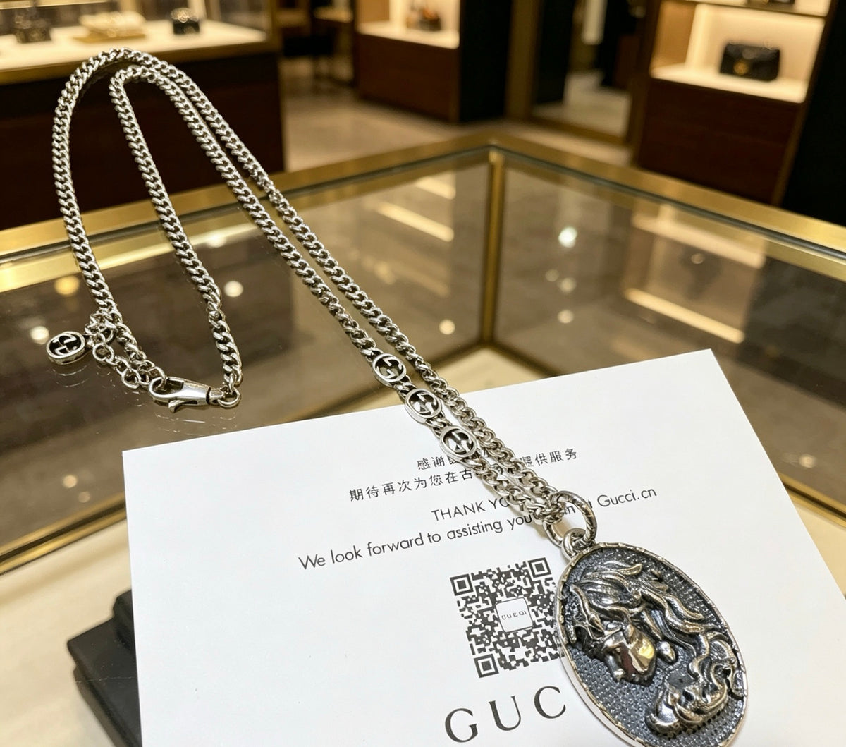 Double-G Emblem Pendant Necklace in Silver-Tone – Vintage Detail – Design 021 front product view