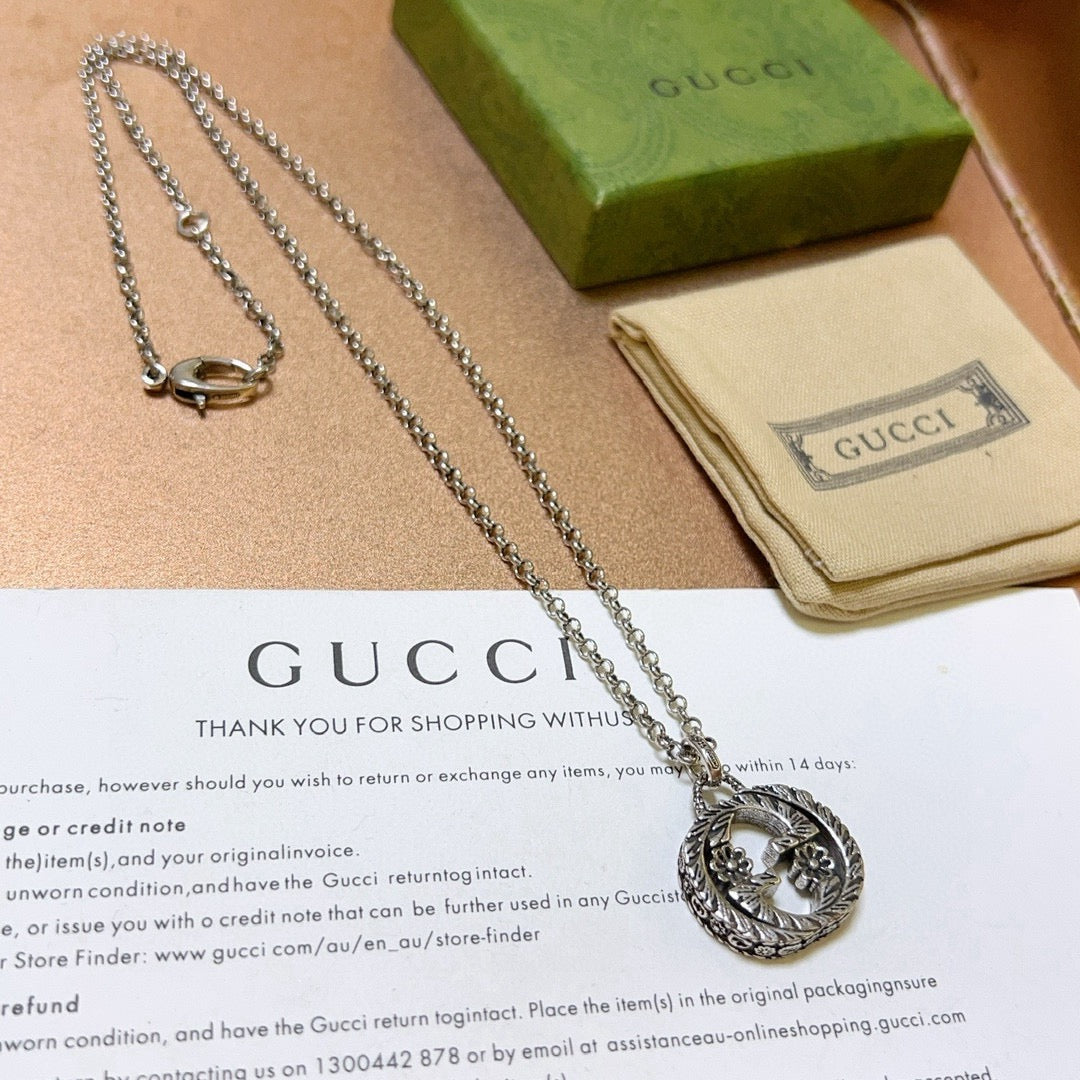 Double-G Emblem Pendant Necklace in Polished Metal-Tone – Design 201 side detail