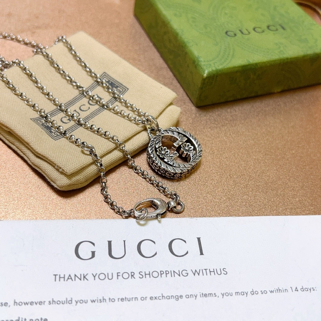 Double-G Emblem Pendant Necklace in Polished Metal-Tone – Design 193 close-up detail