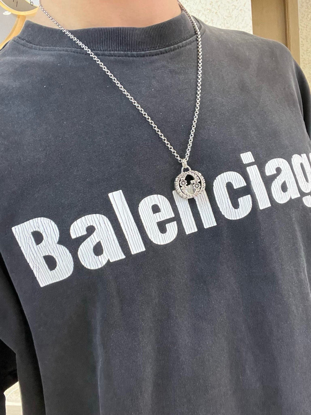 Double-G Emblem Pendant Necklace in Polished Metal-Tone – Design 094 detail view