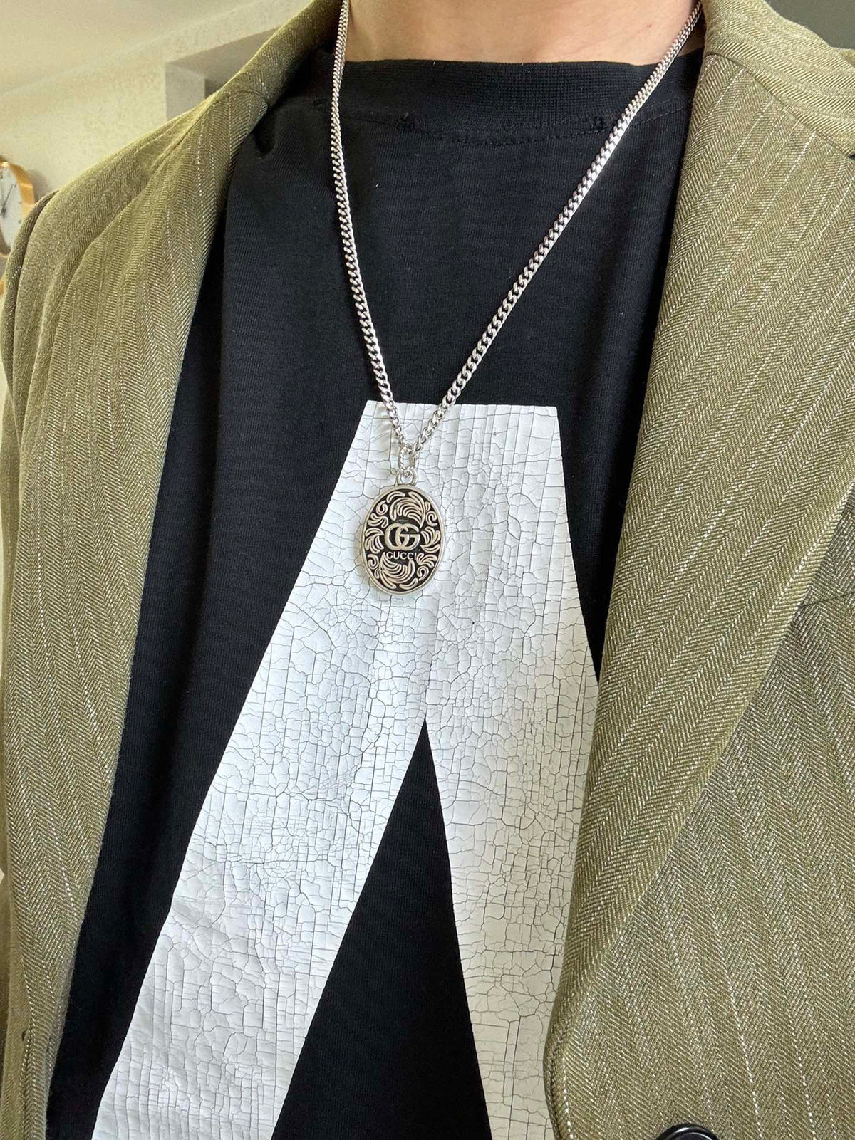 Double-G Emblem Pendant Necklace in Polished Metal-Tone – Design 200 styled product view