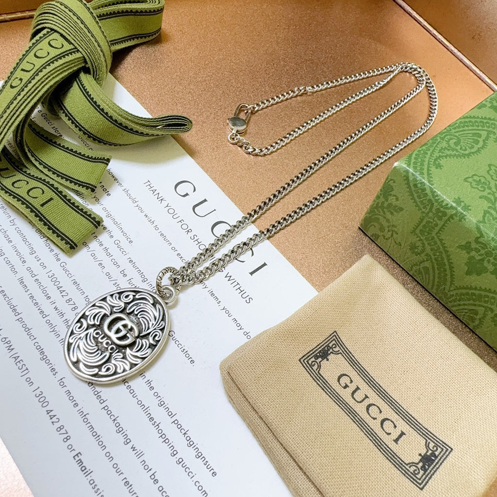 Double-G Emblem Pendant Necklace in Polished Metal-Tone – Design 200 front product view