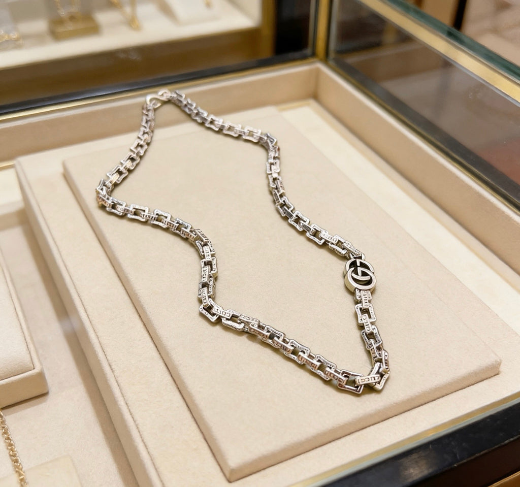 Double-G Emblem Pendant Necklace in Polished Metal-Tone – Design 198 front product view