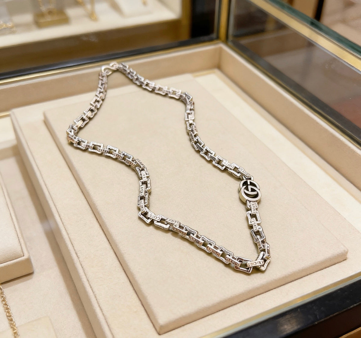 Double-G Emblem Pendant Necklace in Polished Metal-Tone – Design 198 front product view