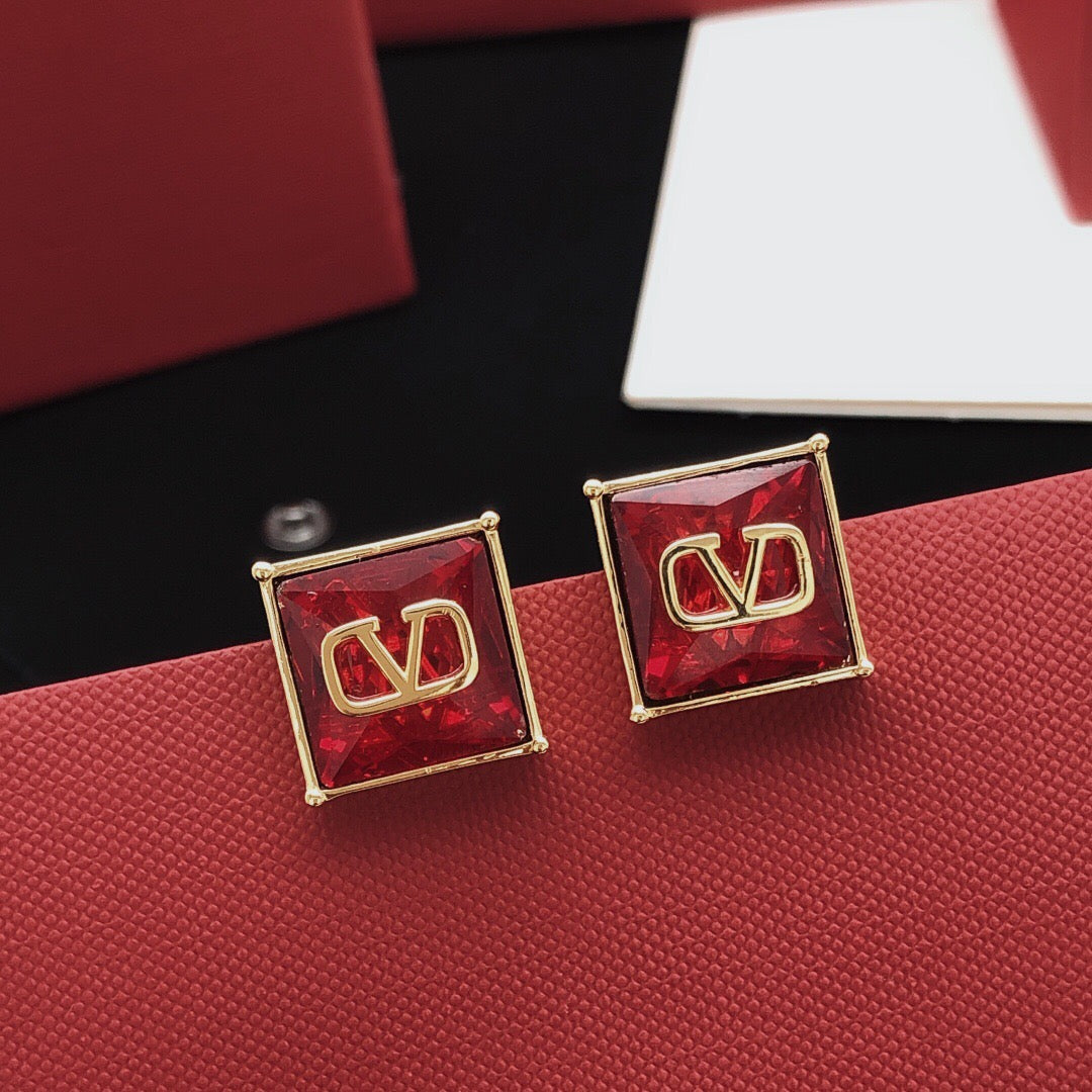 Signature Emblem Stud Earrings in Polished Metal-Tone – Red – Design 02 main product view