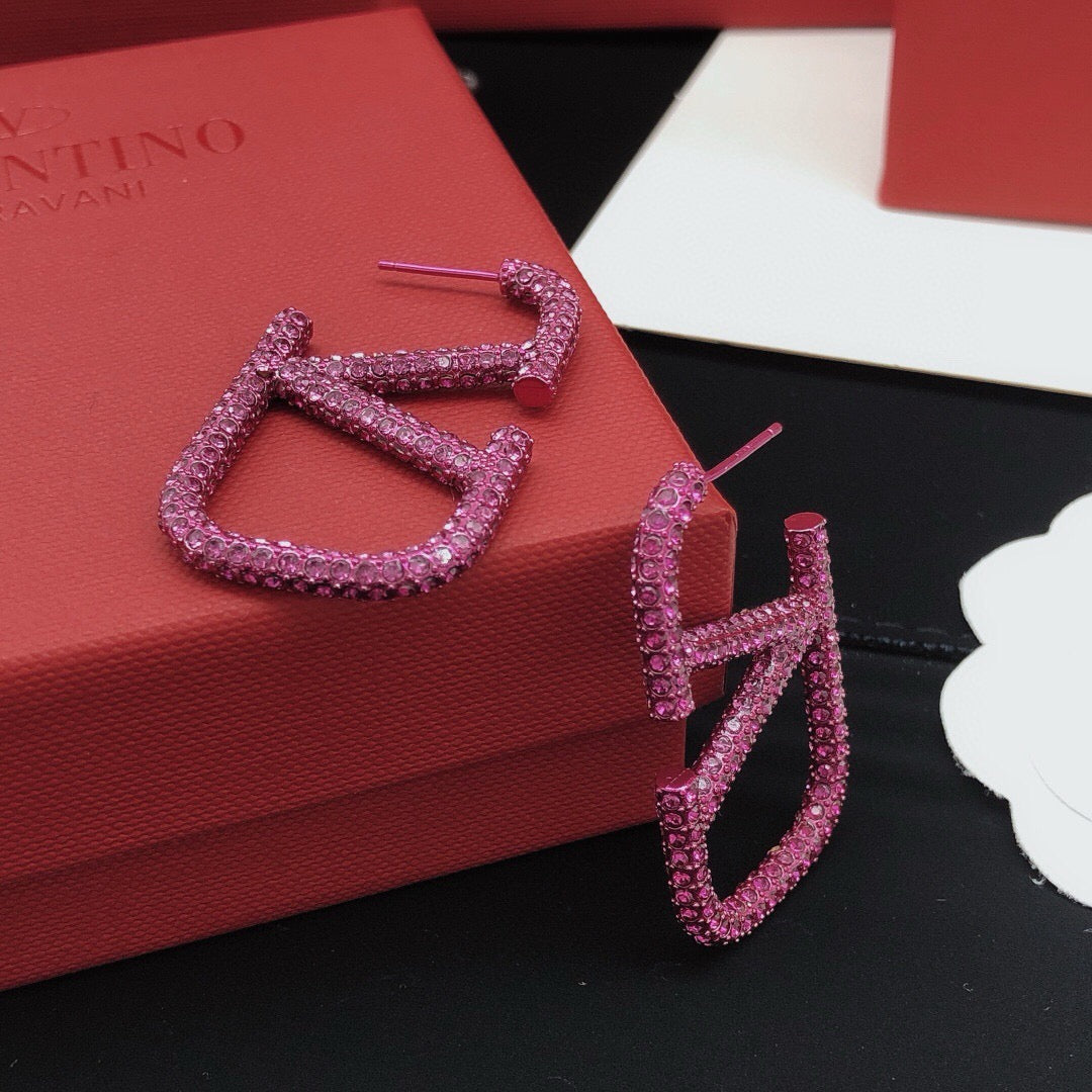 V Emblem Crystal-Accent Stud Earrings – Purple – Design 02 close-up view