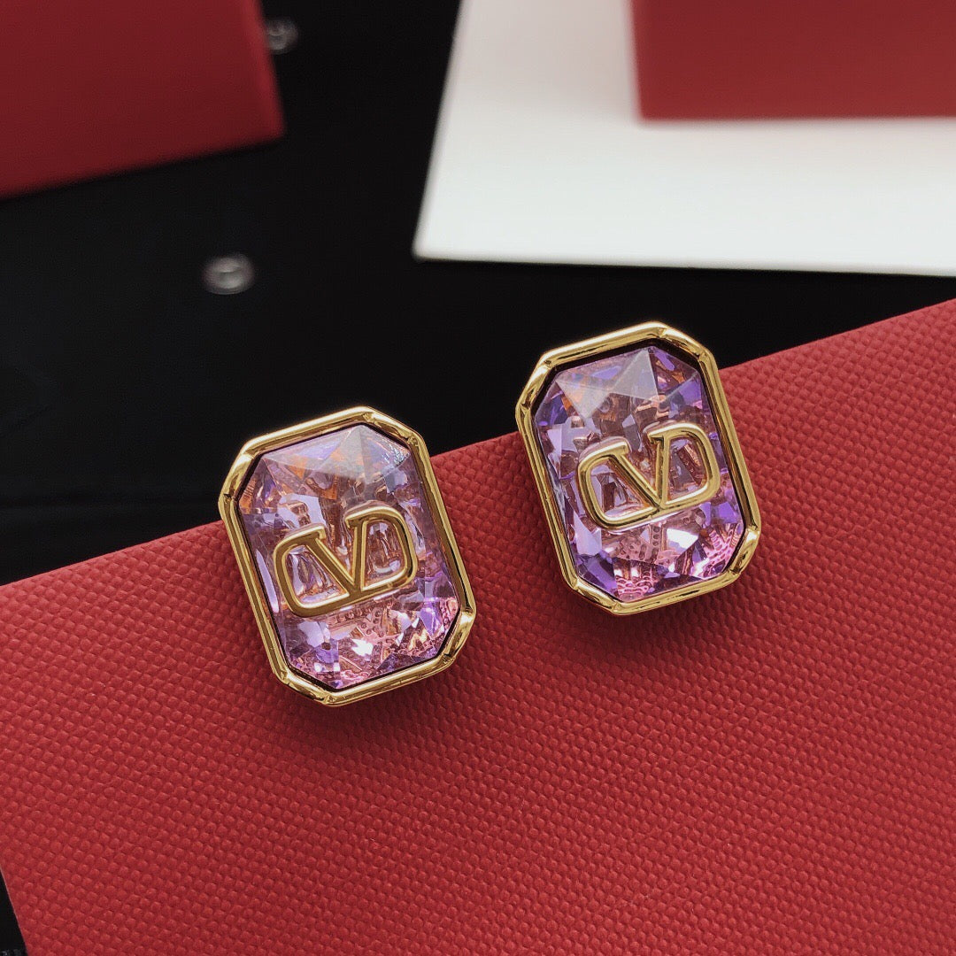 Signature Emblem Crystal-Accent Stud Earrings – Purple detail view