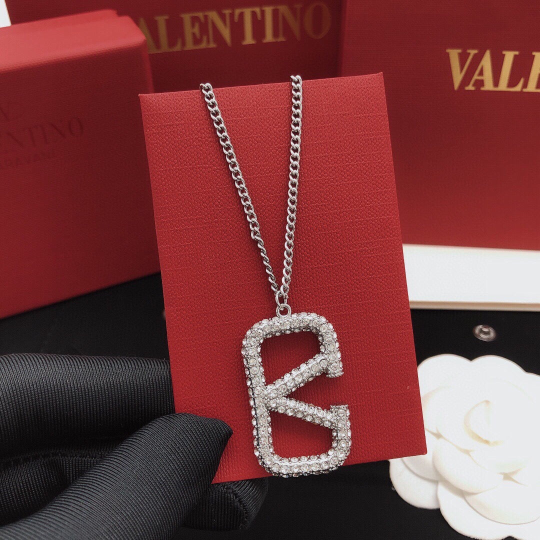 V Emblem Crystal-Accent Pendant Necklace – Design 03 front view