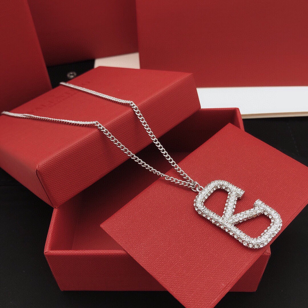 V Emblem Crystal-Accent Pendant Necklace – Design 03 main product view