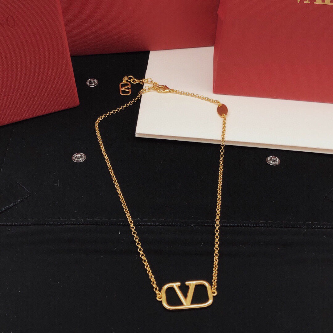 V Emblem Pendant Necklace in Gold-Tone – Design 01 styled detail