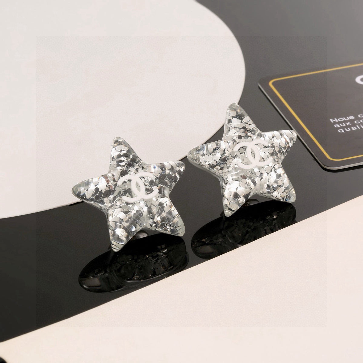 Double-C Emblem Stud Earrings in Silver-Tone – Star Detail – Design 006 side detail