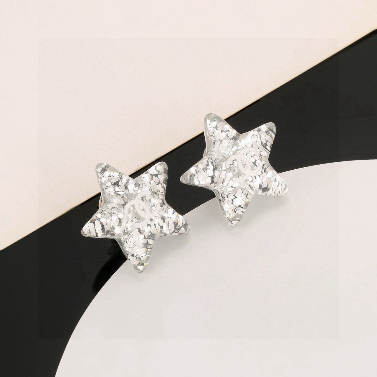 Double-C Emblem Stud Earrings in Silver-Tone – Star Detail – Design 005 main product view