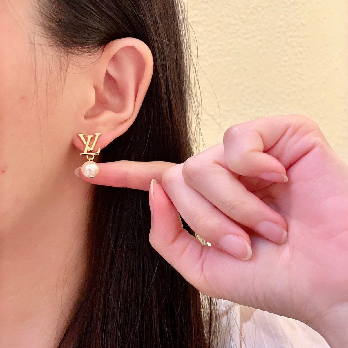 Letter Emblem Stud Earrings in Polished Metal-Tone – Design 040 styled product view