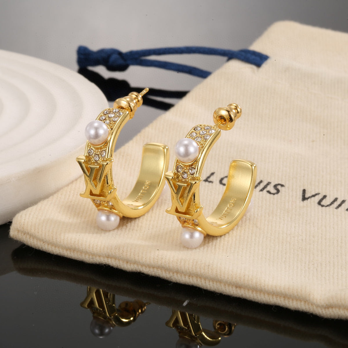 Letter Emblem Stud Earrings in Polished Metal-Tone – Design 028 front product view