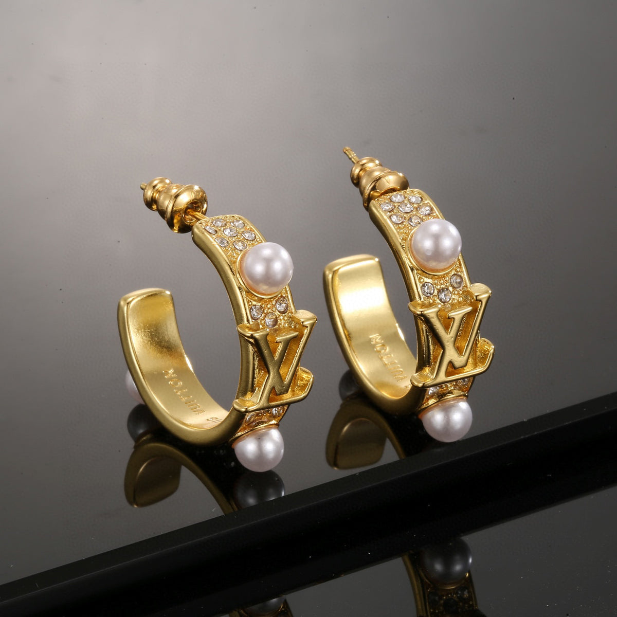 Letter Emblem Stud Earrings in Polished Metal-Tone – Design 028 main product view