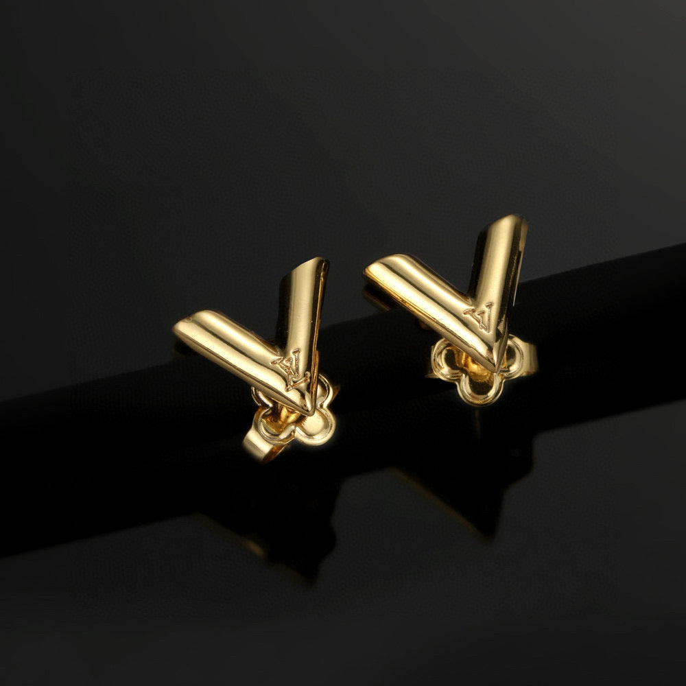 Letter Emblem Stud Earrings in Gold-Tone – Design 007 main product view