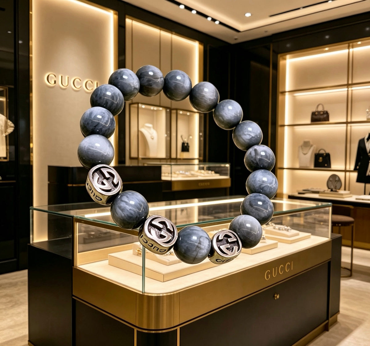 Double-G Emblem Bracelet in Polished Metal-Tone – Vintage Detail – Design 010 close-up detail