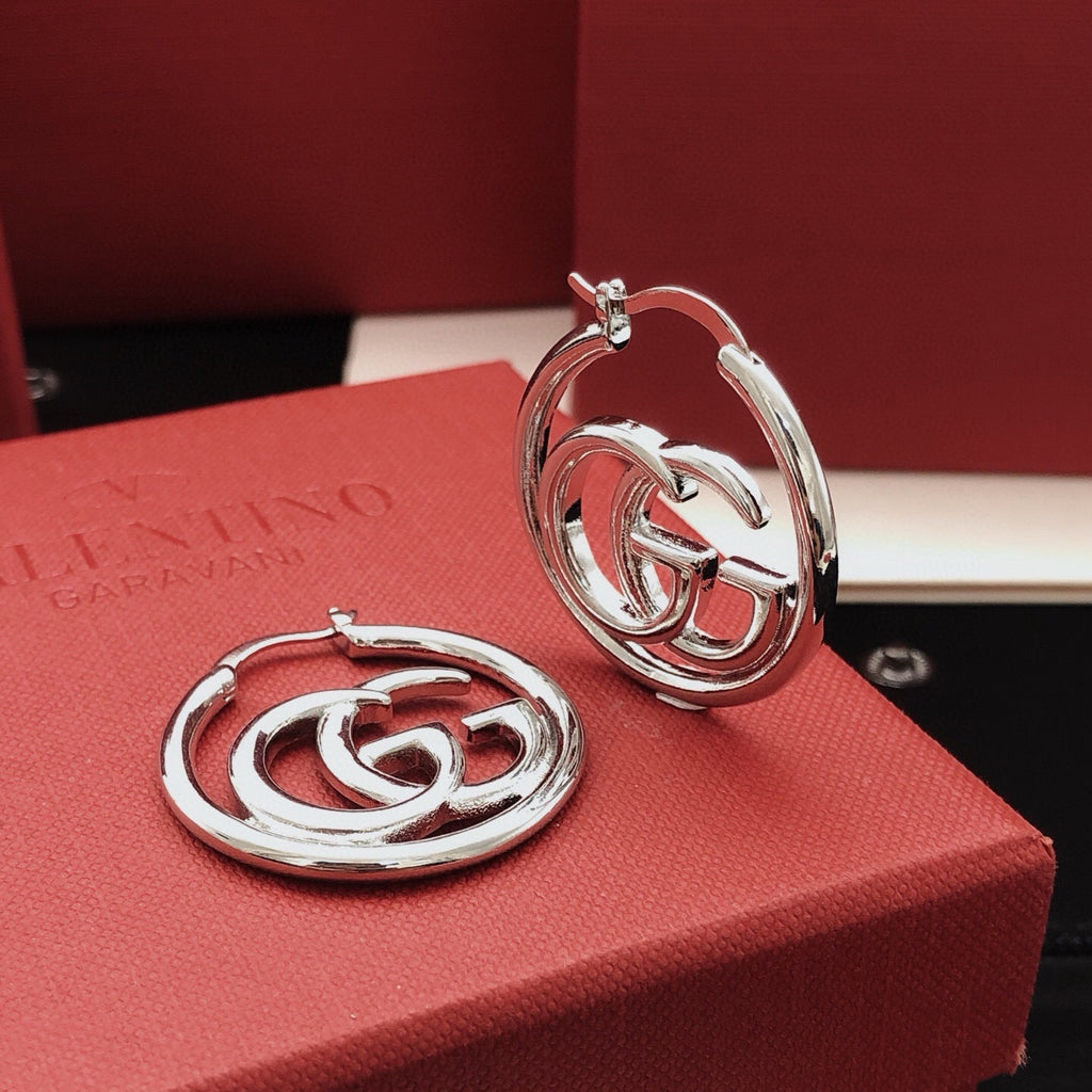Geometric Emblem Stud Earrings in Silver-Tone – Design 001 front product view