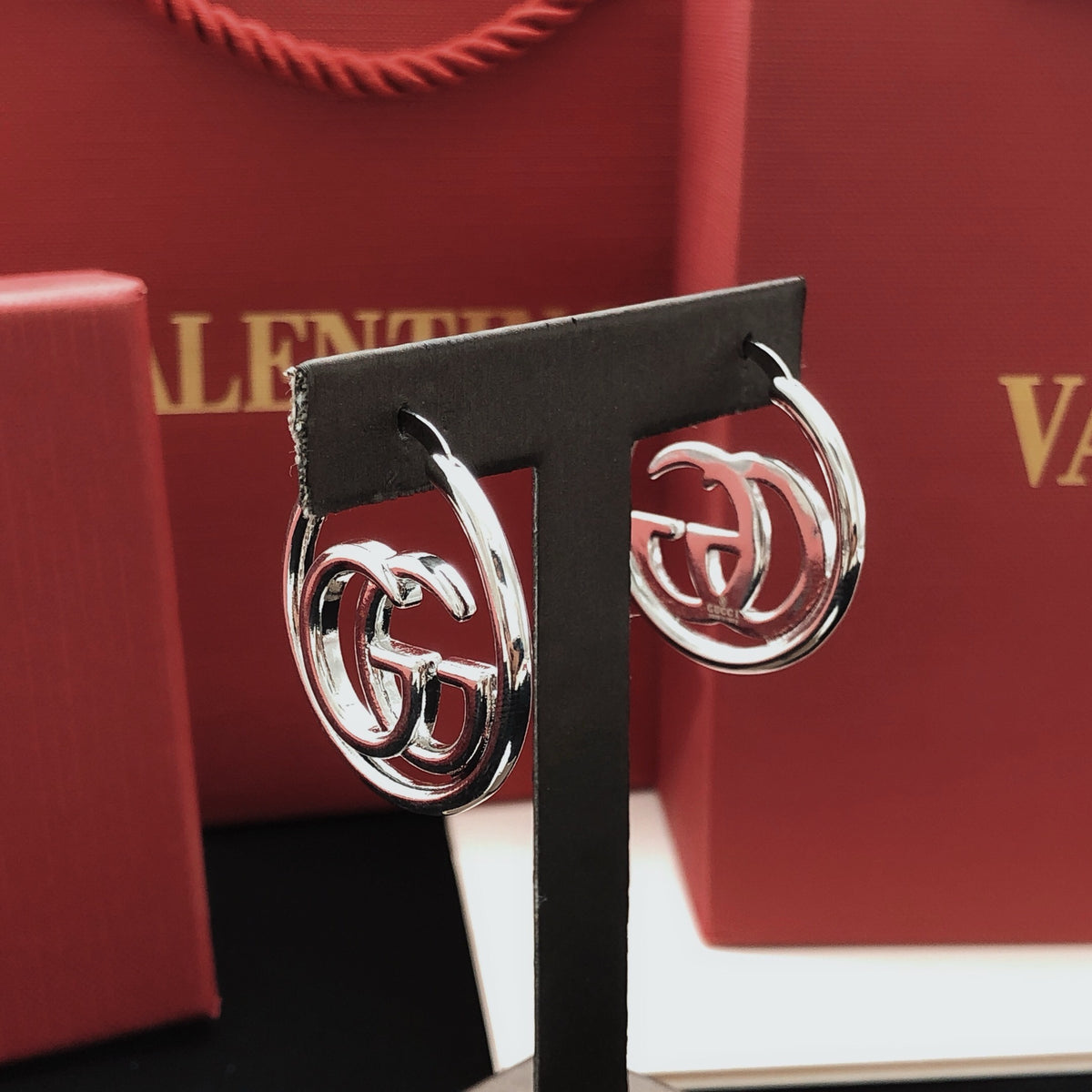 Geometric Emblem Stud Earrings in Silver-Tone – Design 001 main product view
