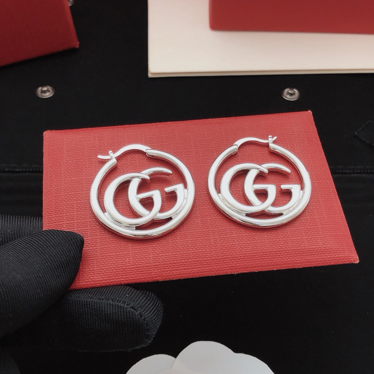 Geometric Emblem Stud Earrings in Silver-Tone – Design 001 styled product view
