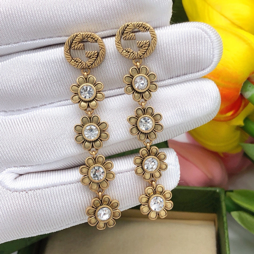 Floral Stud Earrings in Polished Metal-Tone – Design 009 front product view
