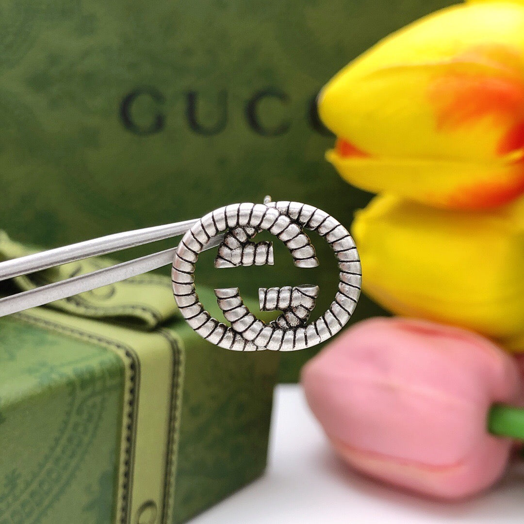 Double-G Emblem Stud Earrings in Silver-Tone – Design 003 styled product view