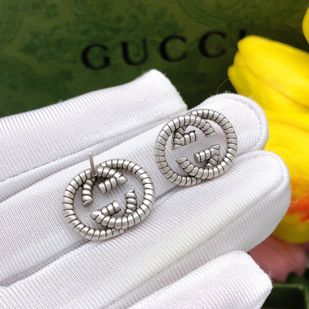Double-G Emblem Stud Earrings in Silver-Tone – Design 003 front product view