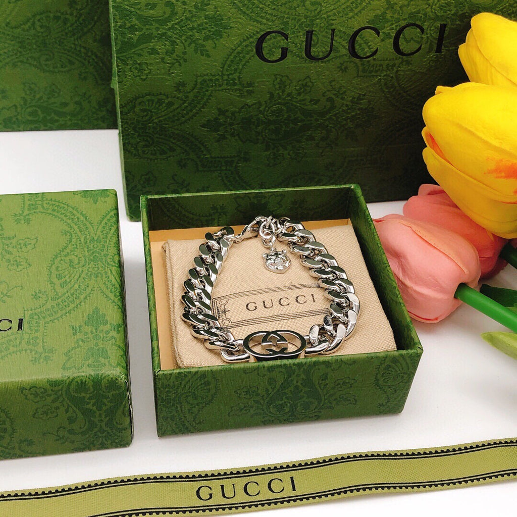 Double-G Emblem Bracelet in Silver-Tone close-up detail