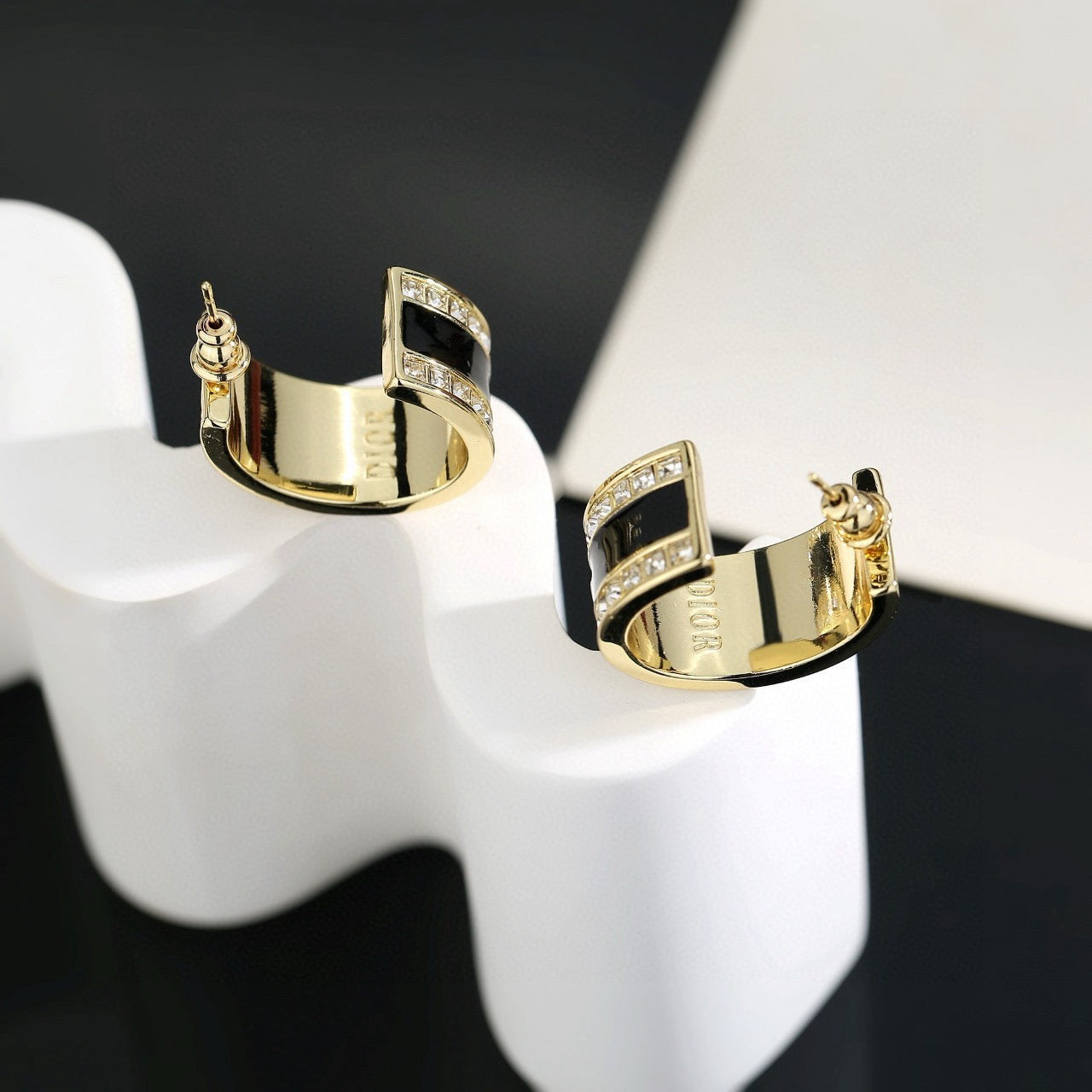 Graphic Letter Motif Statement Earrings in Polished Metal-Tone with Vintage-Style Finish – Design 002 side detail