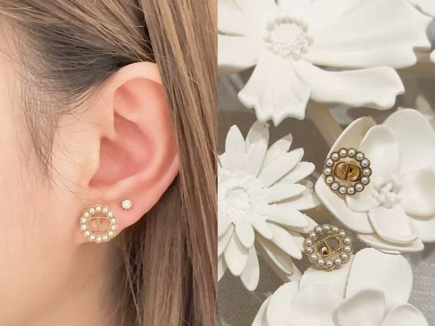 Pearl-Style Motif Stud Earrings in Polished Metal-Tone with Pearl-Style Detail – Design 017 detail view