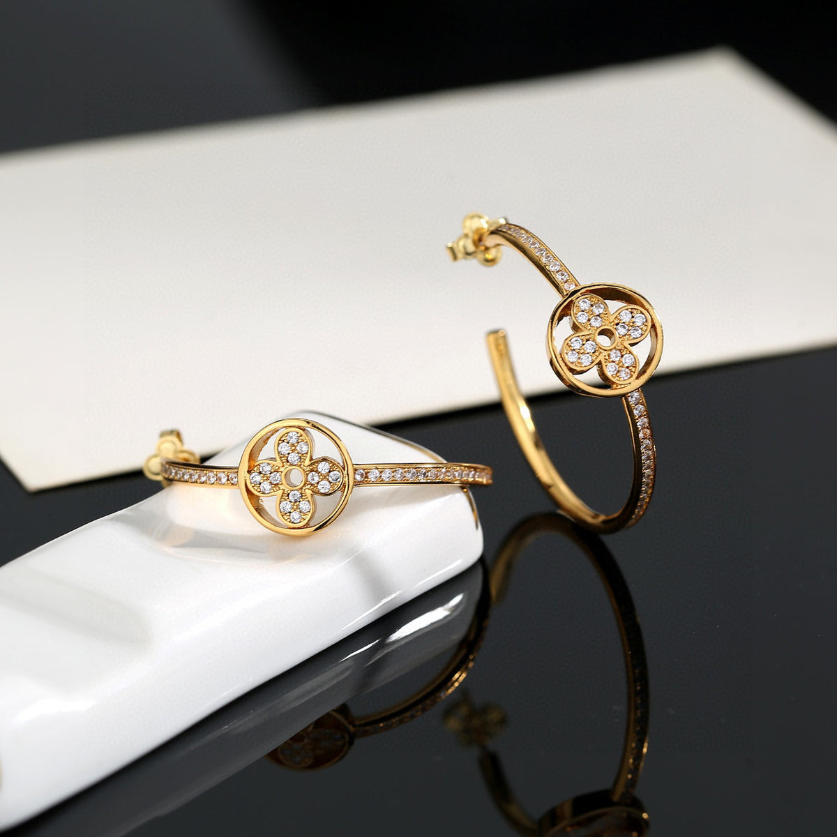 Letter Emblem Stud Earrings in Polished Metal-Tone – Design 026 front product view