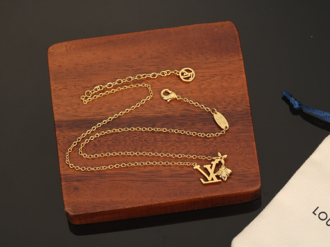 Letter Emblem Pendant Necklace in Polished Metal-Tone – Design 030 front product view